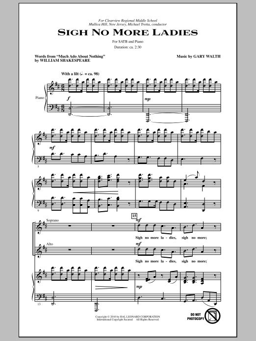 Gary Walth Sigh No More Ladies Sheet Music Notes & Chords for SATB - Download or Print PDF