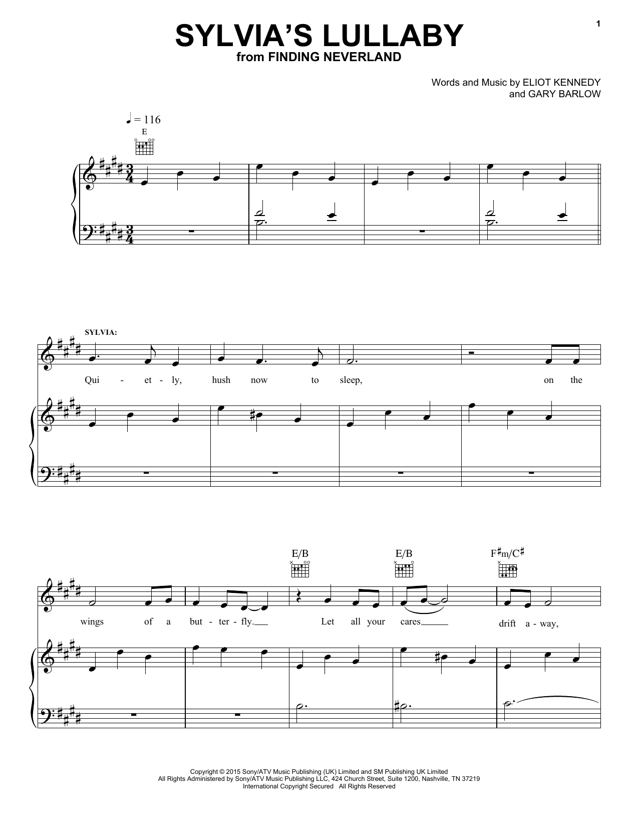 Preview Gary Barlow & Eliot Kennedy Sylvia's Lullaby Film/TV sheet music, notes and chords for Piano, Vocal & Guitar (Right-Hand Melody), SKU: 163674 Sylvia's Lullaby sheet music