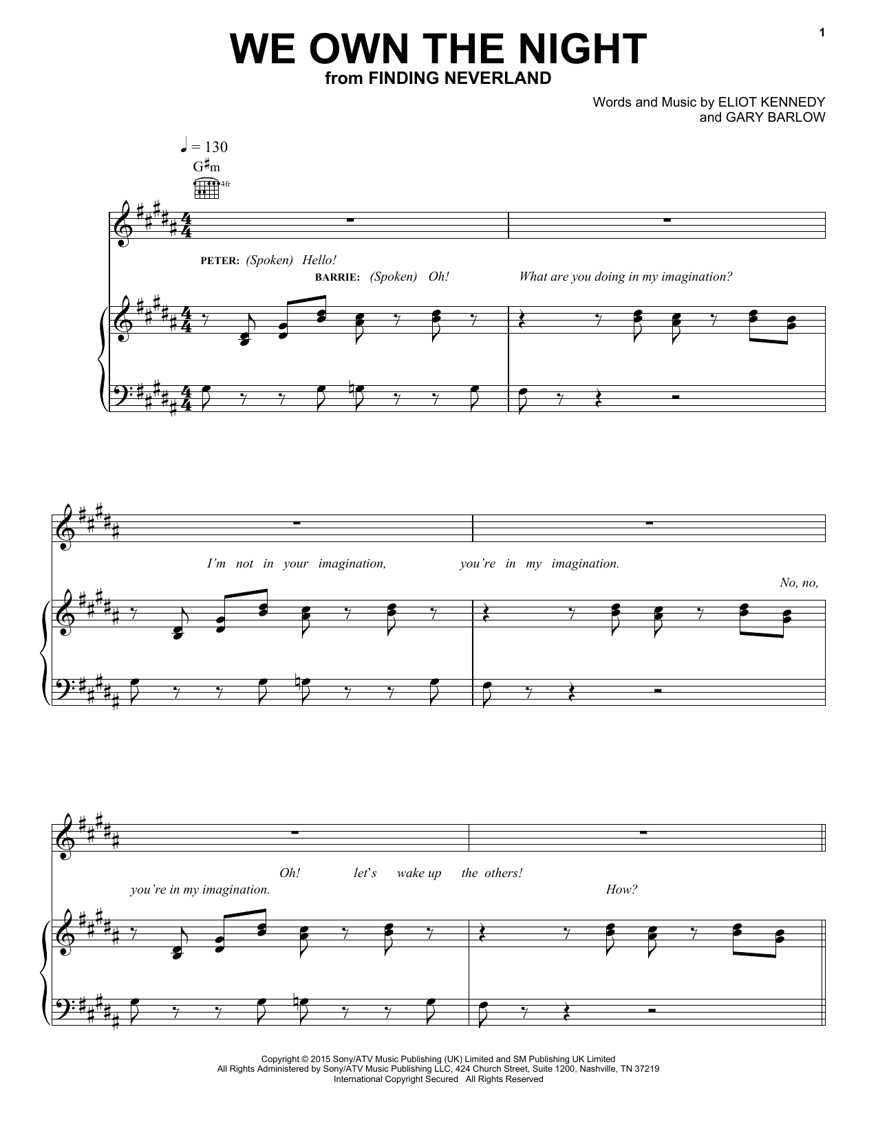 Preview Gary Barlow & Eliot Kennedy We Own The Night Film/TV sheet music, notes and chords for Piano, Vocal & Guitar (Right-Hand Melody), SKU: 163677 We Own The Night sheet music