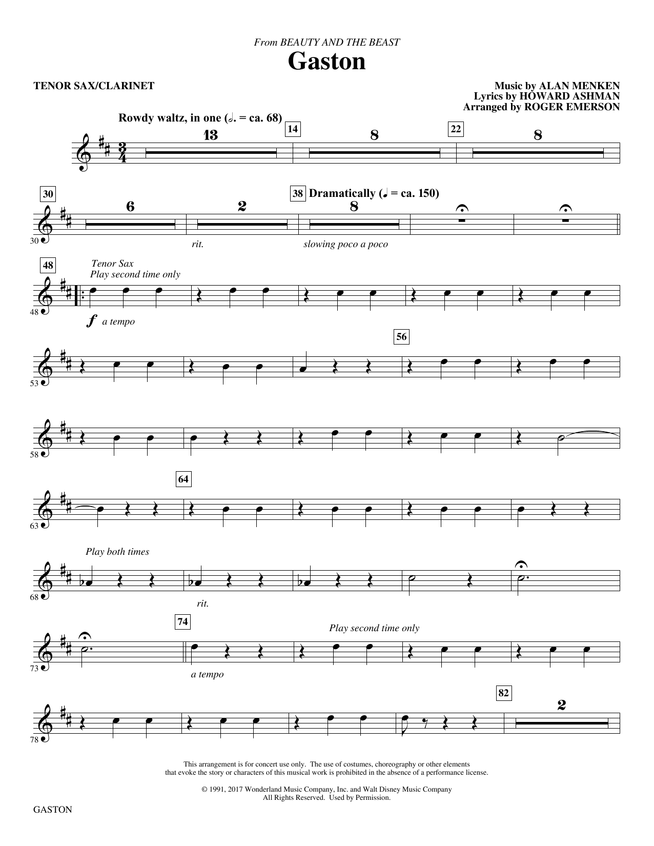 Alan Menken Gaston From Beauty And The Beast Arr Roger Emerson Tenor Sax Clarinet Sheet Music Download Pdf Score 413054