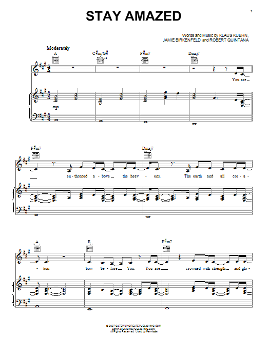 Robert Quintana Stay Amazed Sheet Music Notes & Chords for Piano, Vocal & Guitar (Right-Hand Melody) - Download or Print PDF