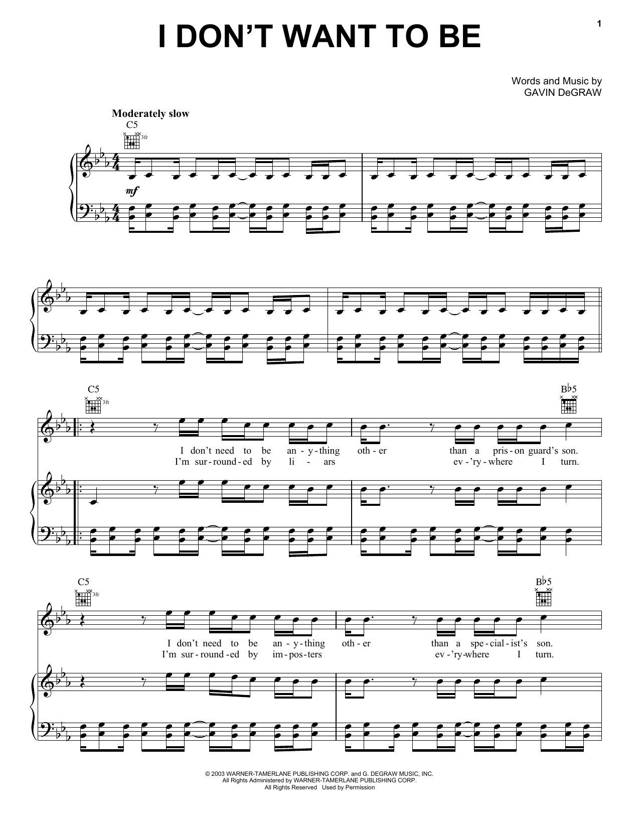 Gavin DeGraw I Don't Want To Be Sheet Music Notes & Chords for Piano, Vocal & Guitar (Right-Hand Melody) - Download or Print PDF