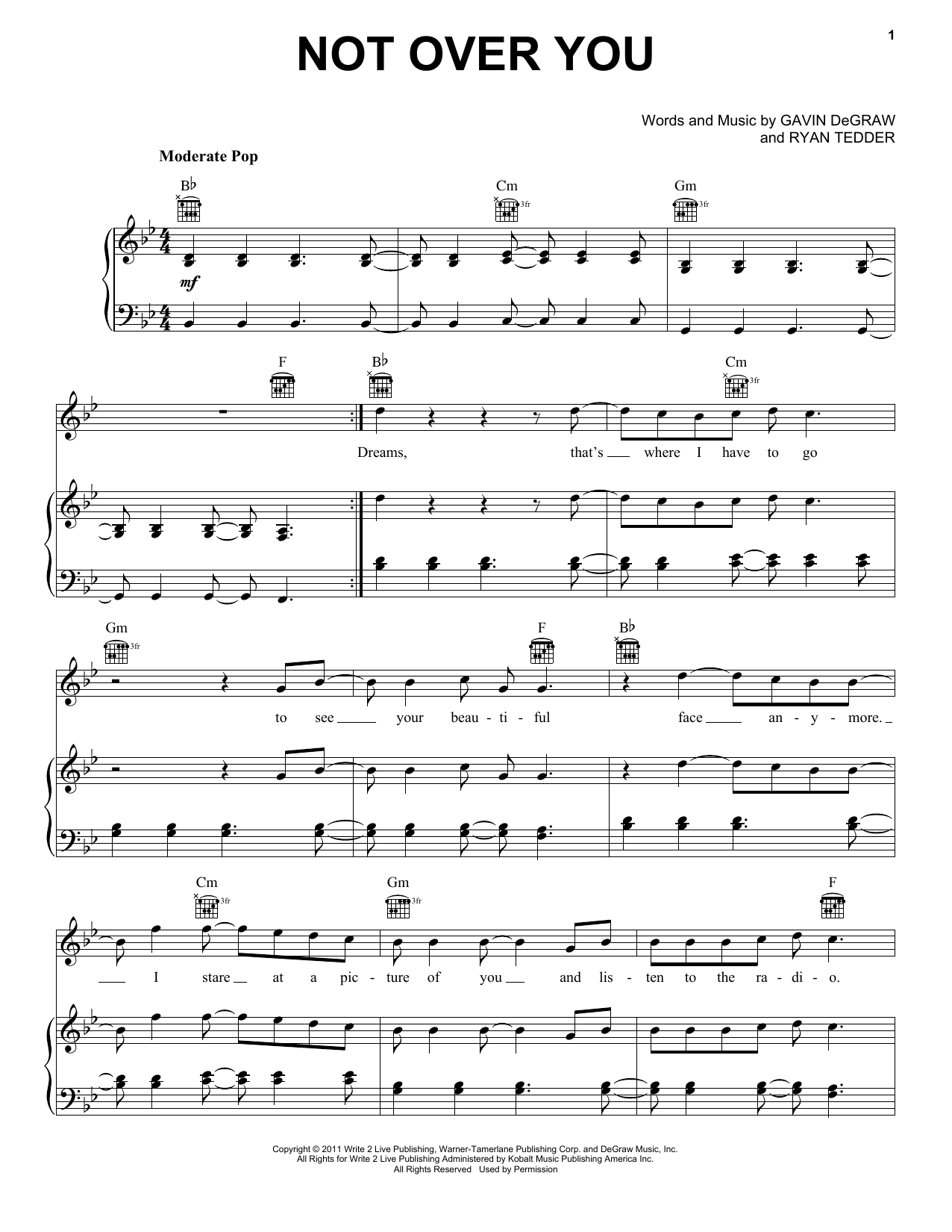 Gavin DeGraw Not Over You Sheet Music Notes & Chords for Piano & Vocal - Download or Print PDF