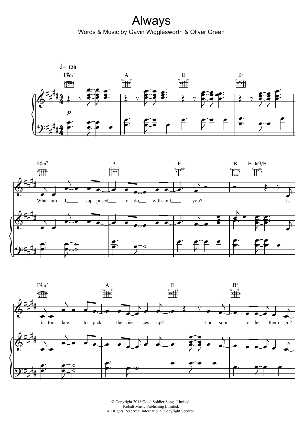 Preview Gavin James Always Pop sheet music, notes and chords for Piano, Vocal & Guitar (Right-Hand Melody), SKU: 125767 Always sheet music