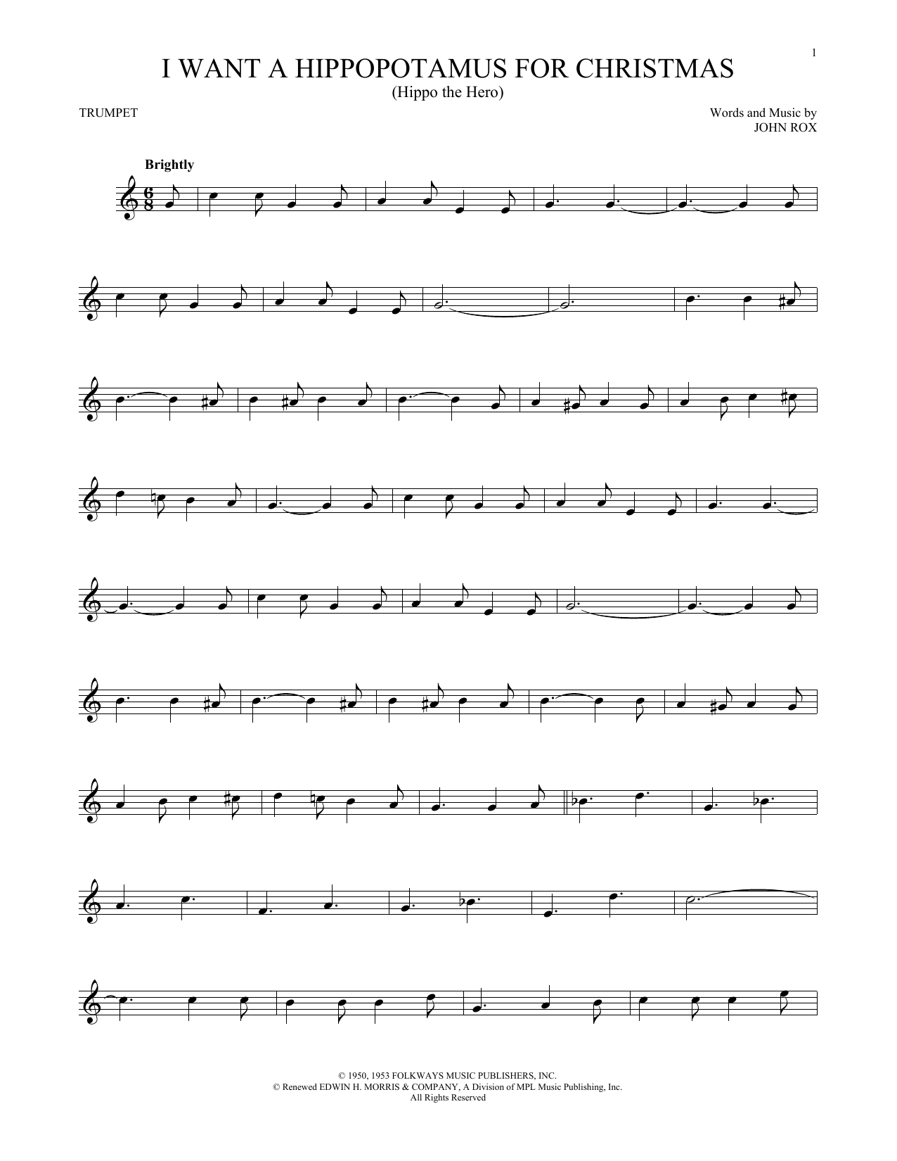 Gayla Peevey I Want A Hippopotamus For Christmas (Hippo The Hero) Sheet Music Notes & Chords for French Horn Solo - Download or Print PDF