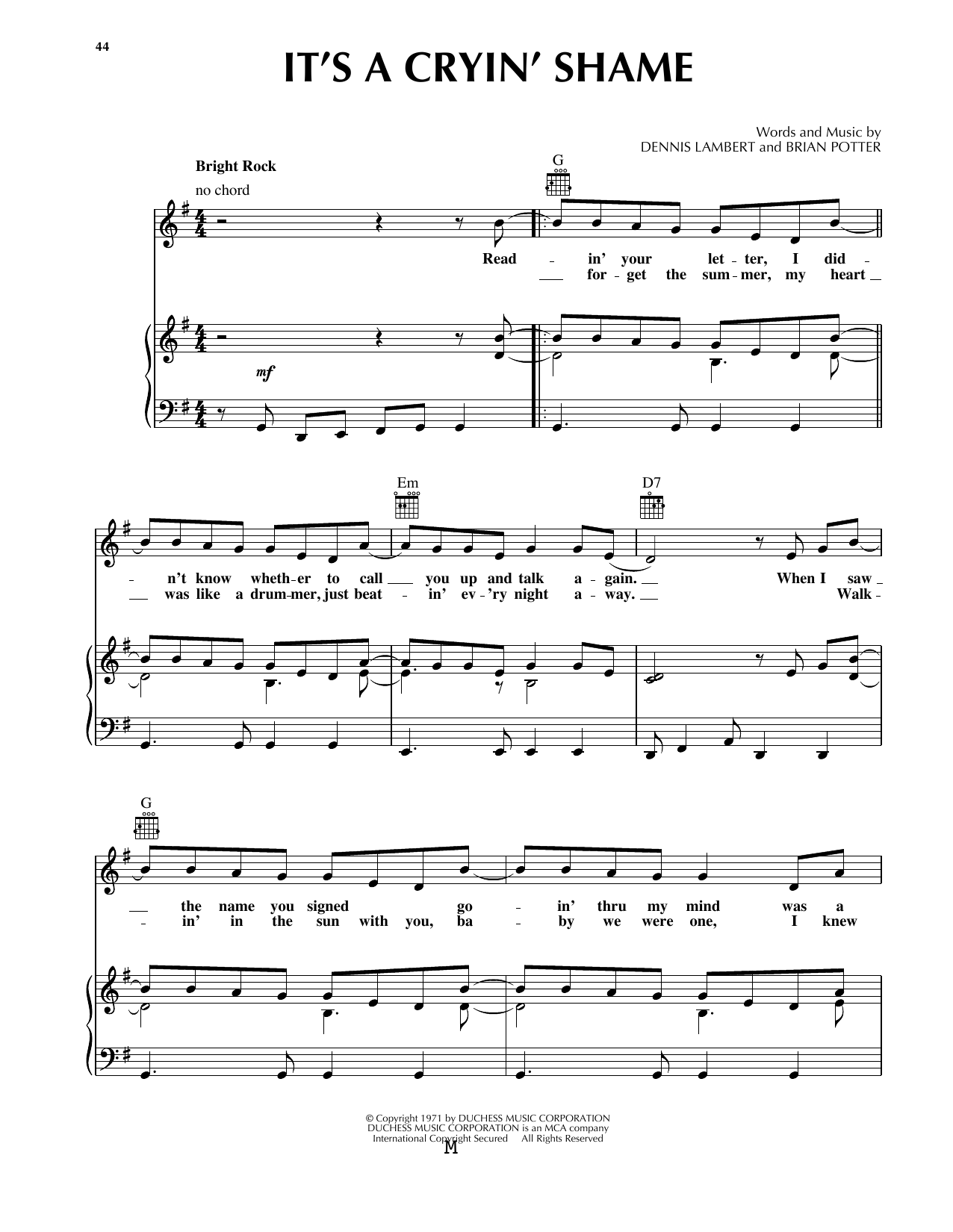 Gayle McCormick It's A Cryin' Shame Sheet Music Notes & Chords for Piano, Vocal & Guitar (Right-Hand Melody) - Download or Print PDF