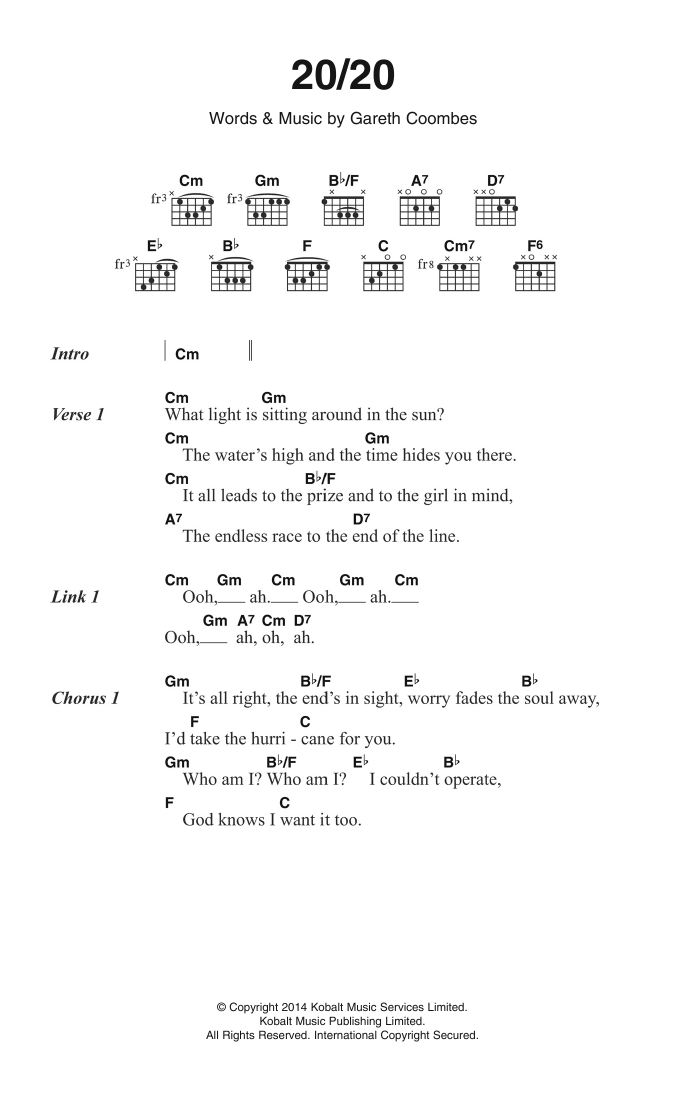 Gaz Coombes 20/20 Sheet Music Notes & Chords for Lyrics & Chords - Download or Print PDF