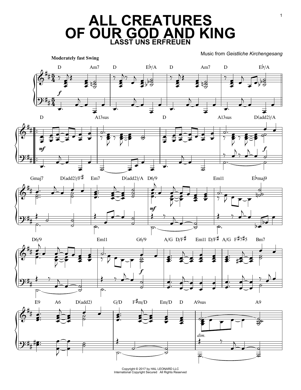 Geistliche Kirchengesang All Creatures Of Our God And King [Jazz version] Sheet Music Notes & Chords for Piano - Download or Print PDF
