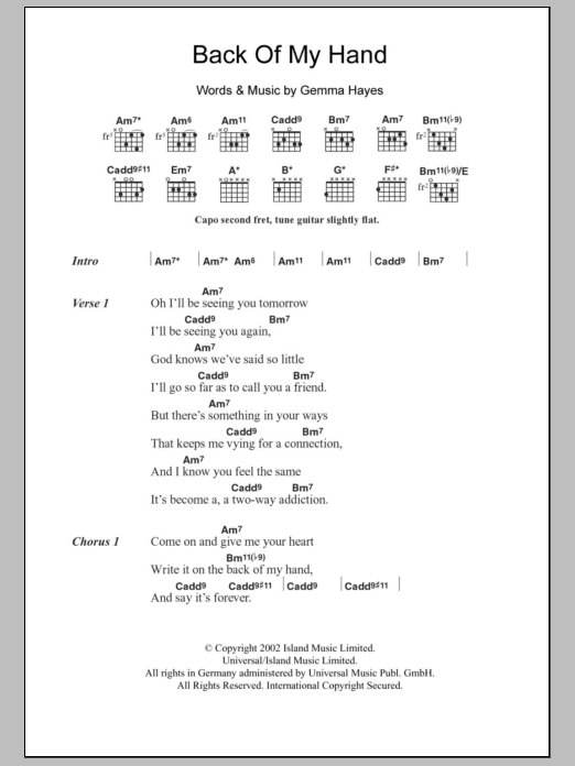 Gemma Hayes Back Of My Hand Sheet Music Notes & Chords for Lyrics & Chords - Download or Print PDF