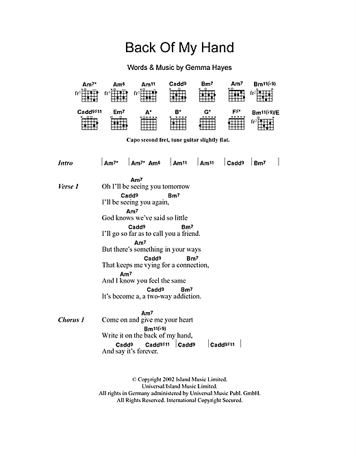 Gemma Hayes Back Of My Hand Sheet Music Notes & Chords for Lyrics & Chords - Download or Print PDF