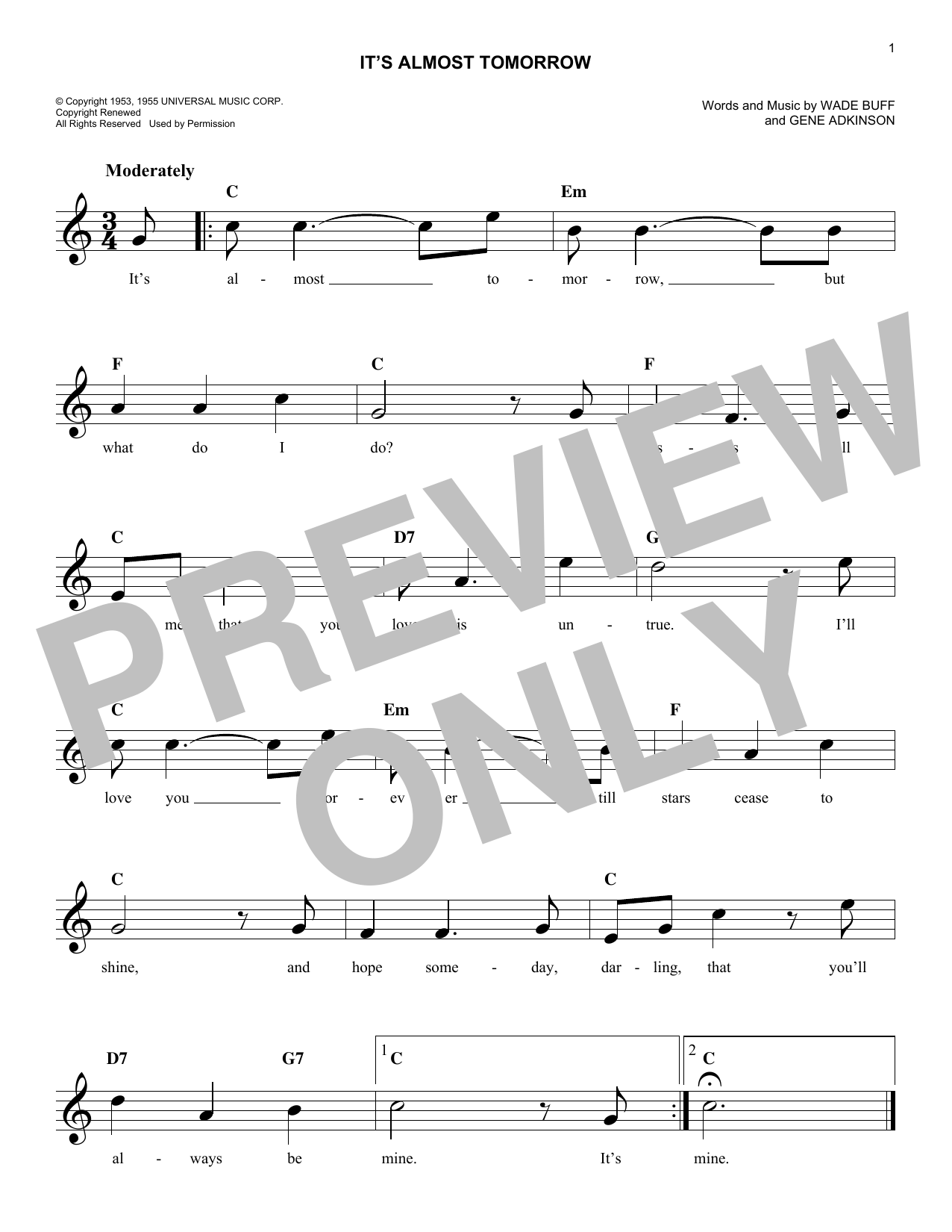 Gene Adkinson It's Almost Tomorrow Sheet Music Notes & Chords for Melody Line, Lyrics & Chords - Download or Print PDF