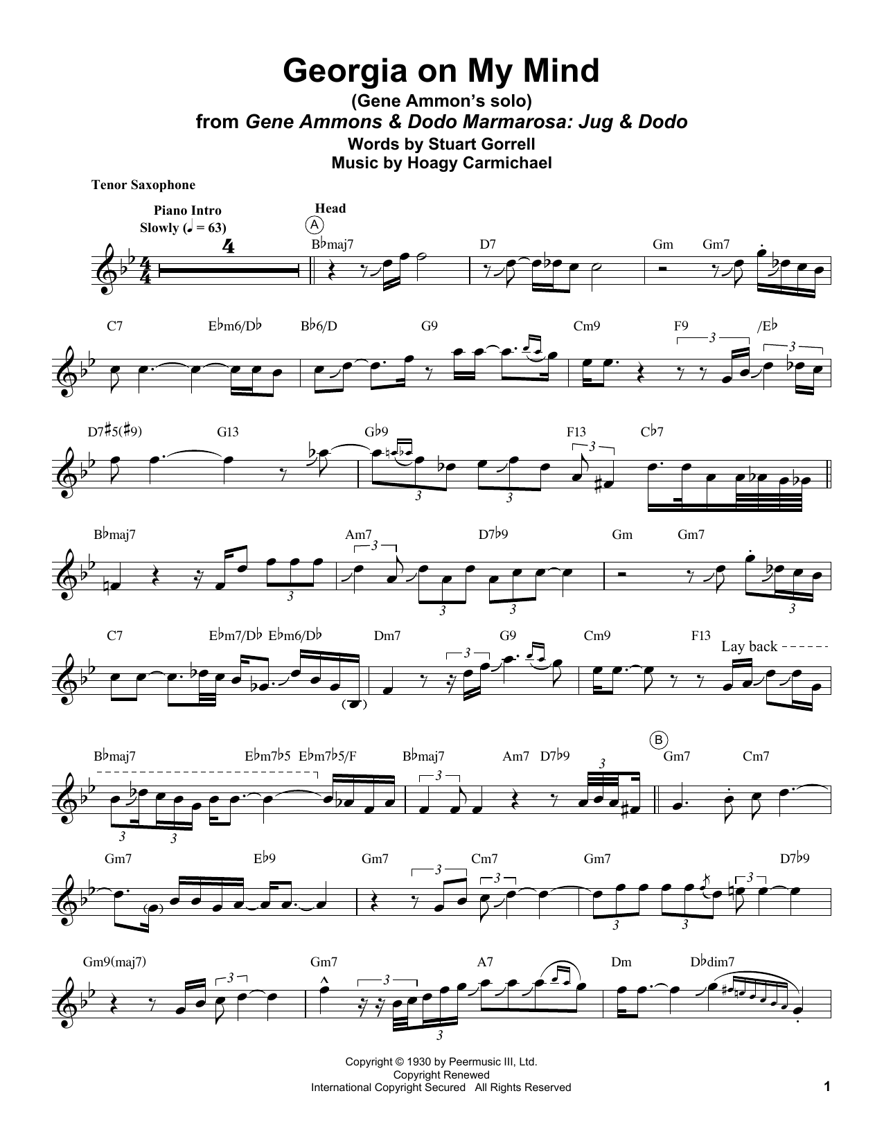 Gene Ammons Georgia On My Mind Sheet Music Notes & Chords for Tenor Sax Transcription - Download or Print PDF