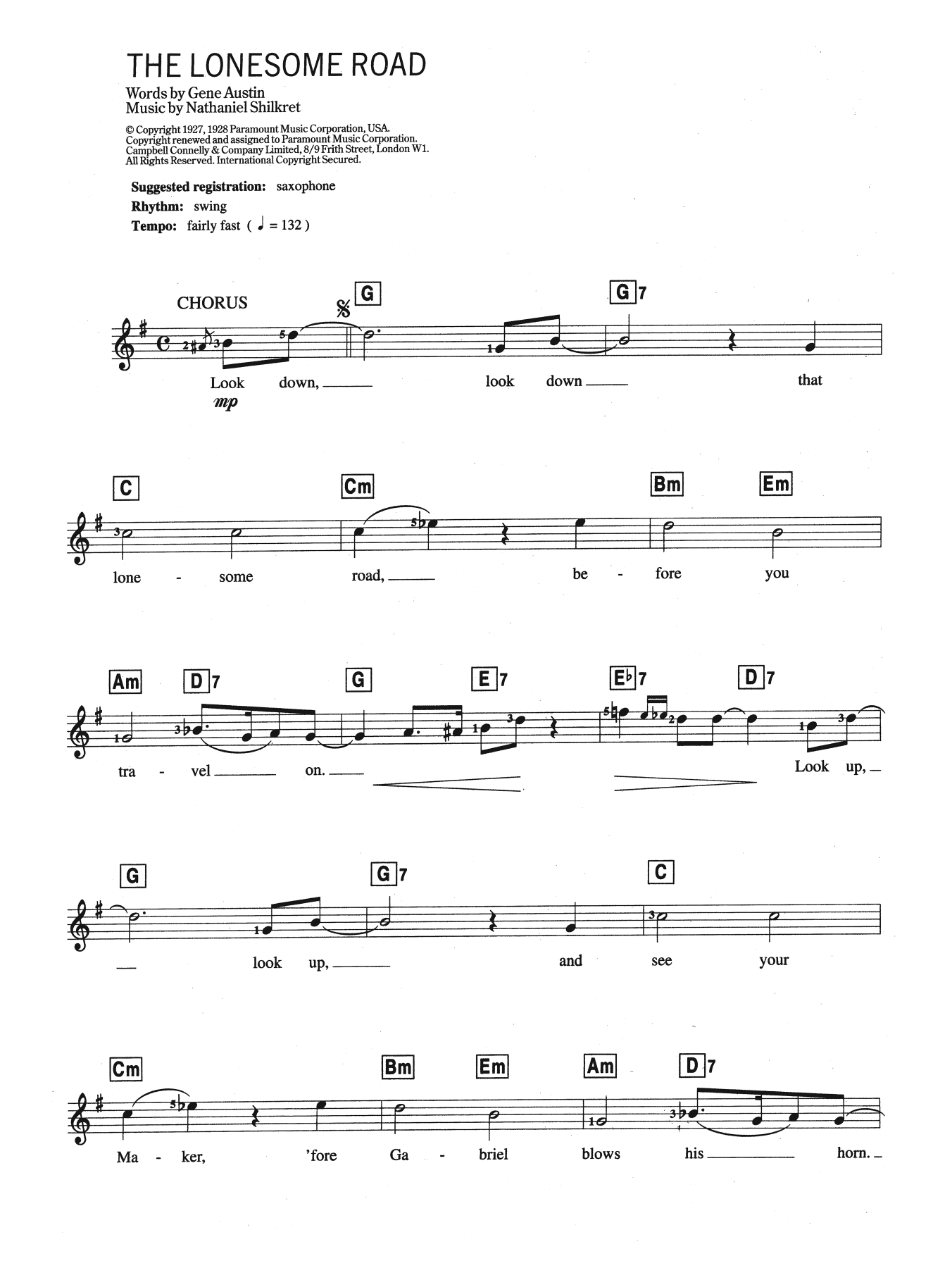 Gene Austin Lonesome Road Sheet Music Notes & Chords for Keyboard - Download or Print PDF