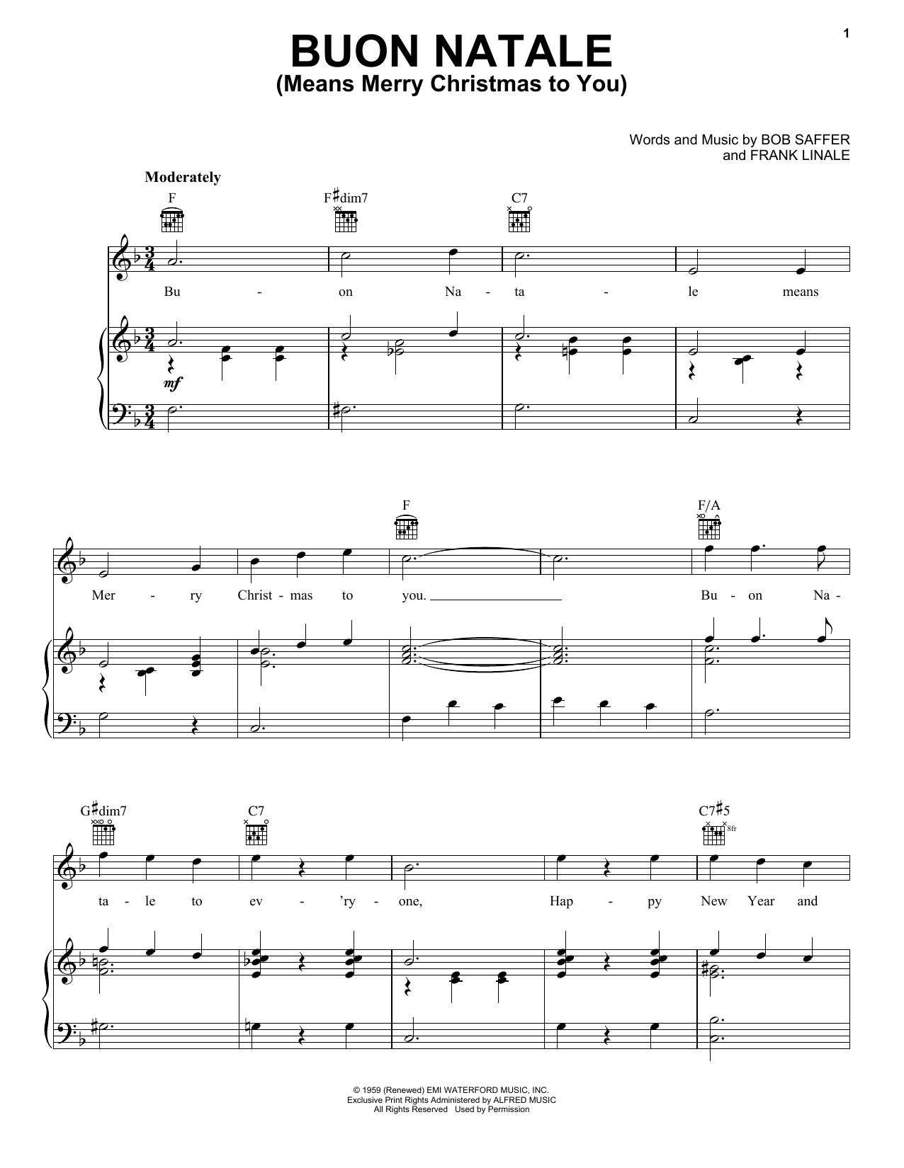 Gene Autry Buon Natale (Means Merry Christmas To You) Sheet Music Notes & Chords for Piano, Vocal & Guitar (Right-Hand Melody) - Download or Print PDF