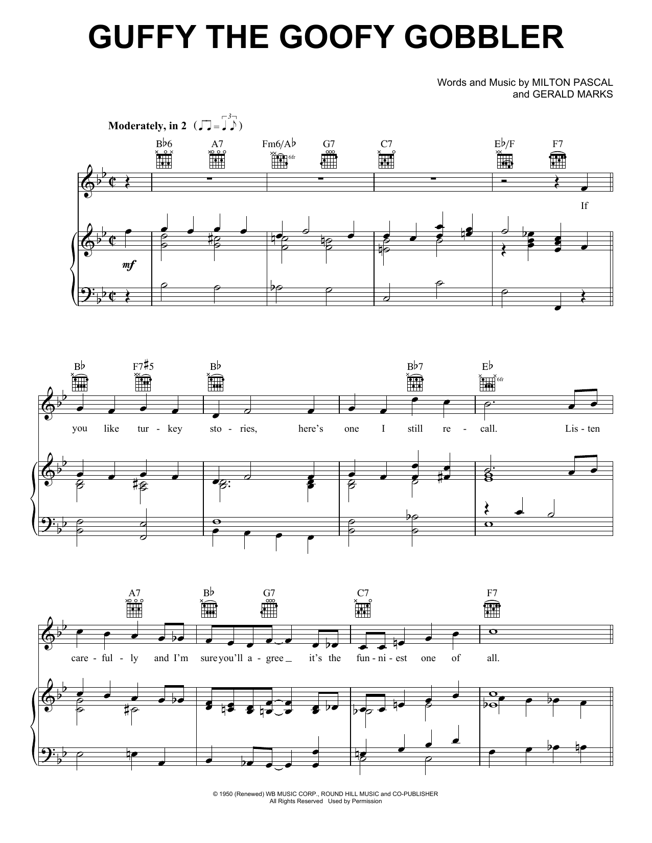 Gene Autry Guffy The Goofy Gobbler Sheet Music Notes & Chords for Piano, Vocal & Guitar (Right-Hand Melody) - Download or Print PDF