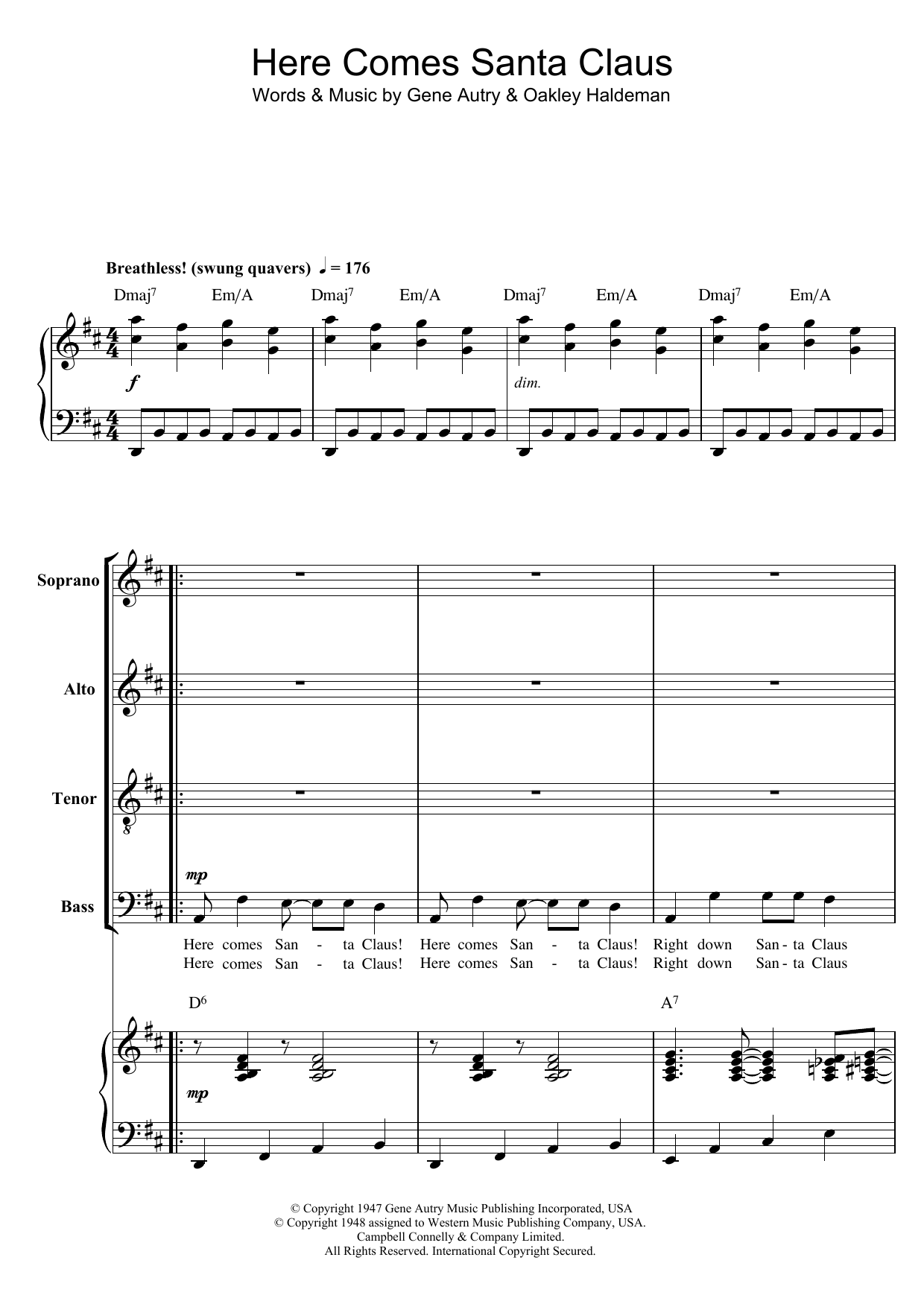 Gene Autry Here Comes Santa Claus (Right Down Santa Claus Lane) (arr. Berty Rice) Sheet Music Notes & Chords for SATB - Download or Print PDF
