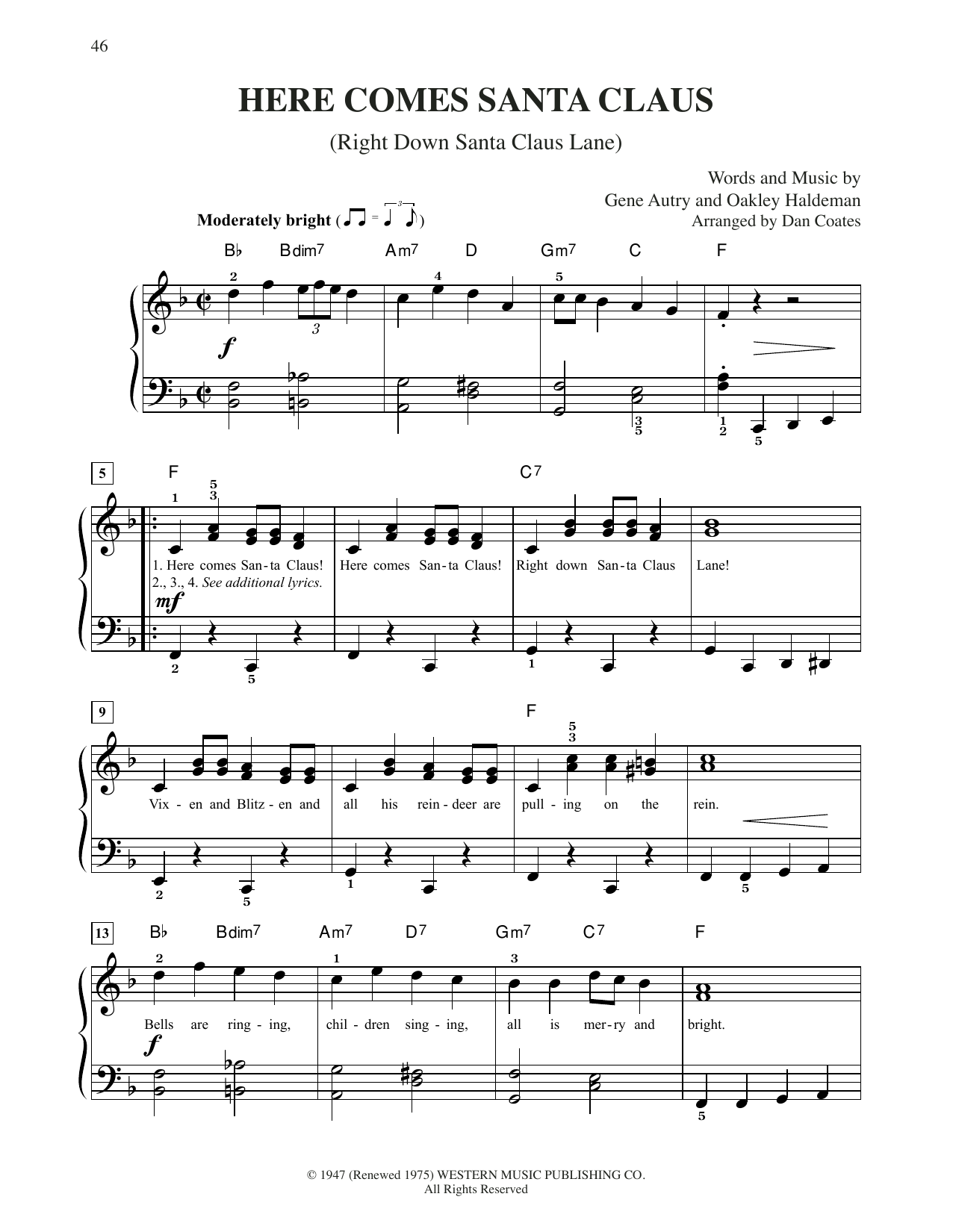 Gene Autry Here Comes Santa Claus (Right Down Santa Claus Lane) (arr. Dan Coates) Sheet Music Notes & Chords for Easy Piano - Download or Print PDF