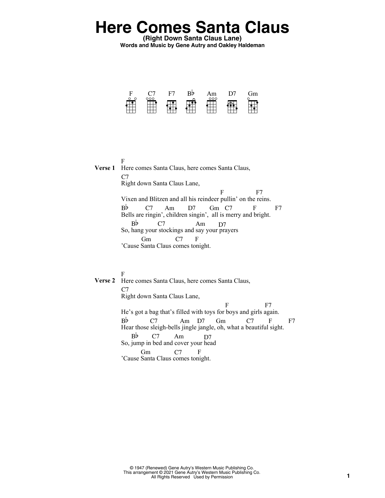 Gene Autry Here Comes Santa Claus (Right Down Santa Claus Lane) (arr. Fred Sokolow) Sheet Music Notes & Chords for Ukulele - Download or Print PDF