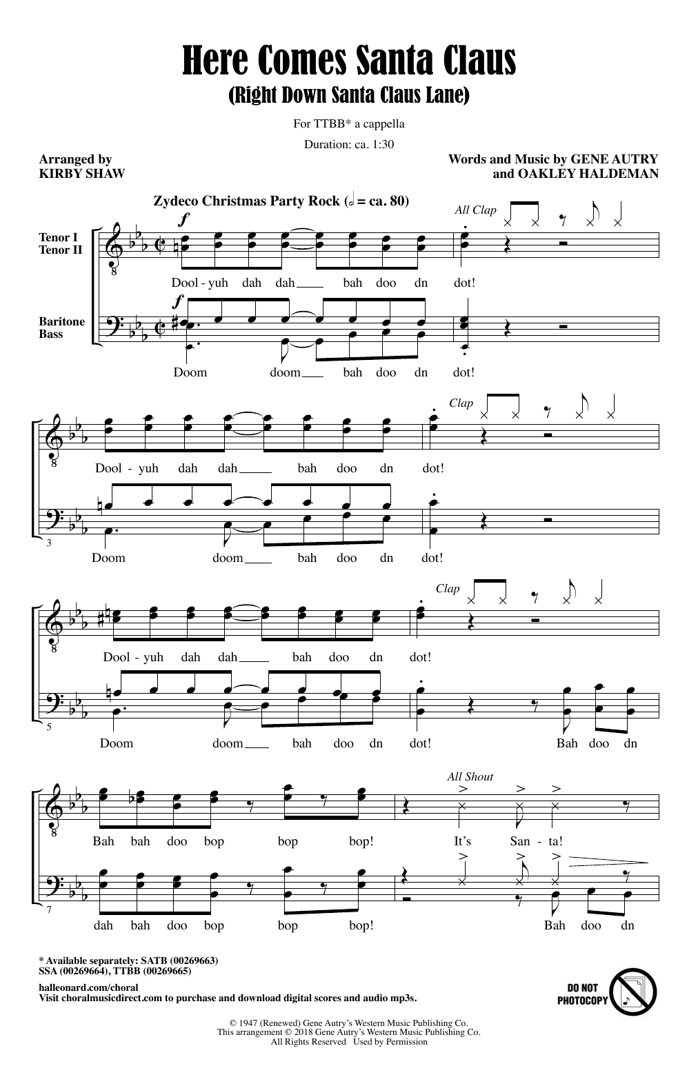 Gene Autry Here Comes Santa Claus (Right Down Santa Claus Lane) (Arr. Kirby Shaw) Sheet Music Notes & Chords for Choral - Download or Print PDF