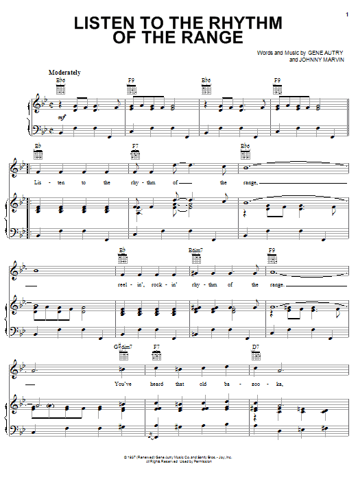 Gene Autry Listen To The Rhythm Of The Range Sheet Music Notes & Chords for Piano, Vocal & Guitar (Right-Hand Melody) - Download or Print PDF Gene Autry Listen To The Rhythm Of The Range Sheet Music Notes & Chords for Piano, Vocal & Guitar (Right-Hand Melody) - Download or Print PDF