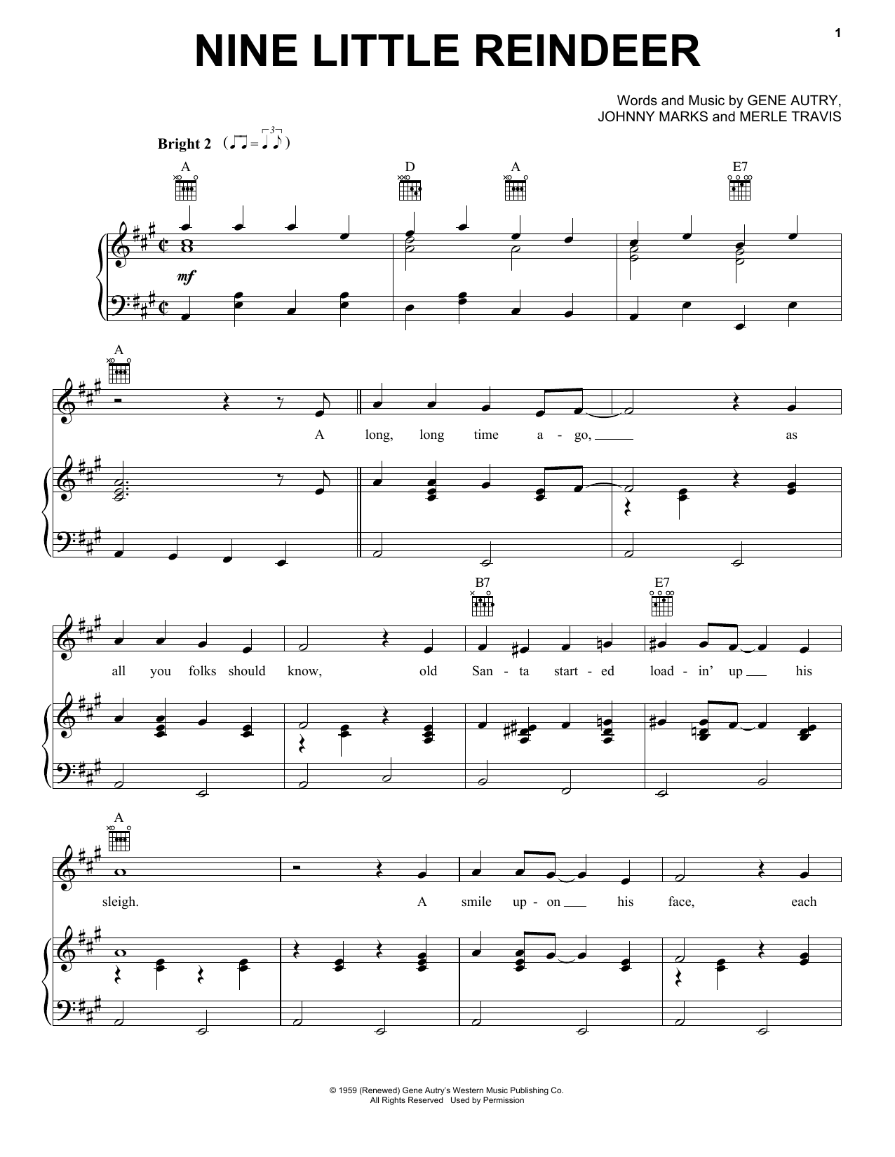 Gene Autry Nine Little Reindeer Sheet Music Notes & Chords for Piano, Vocal & Guitar (Right-Hand Melody) - Download or Print PDF