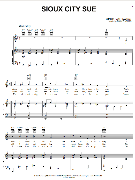 Gene Autry Sioux City Sue Sheet Music Notes & Chords for Piano, Vocal & Guitar (Right-Hand Melody) - Download or Print PDF Gene Autry Sioux City Sue Sheet Music Notes & Chords for Piano, Vocal & Guitar (Right-Hand Melody) - Download or Print PDF
