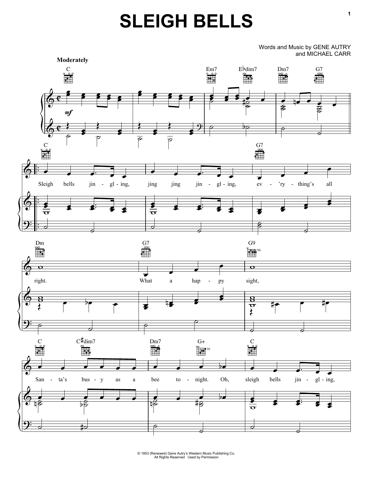 Gene Autry Sleigh Bells Sheet Music Notes & Chords for Piano, Vocal & Guitar (Right-Hand Melody) - Download or Print PDF