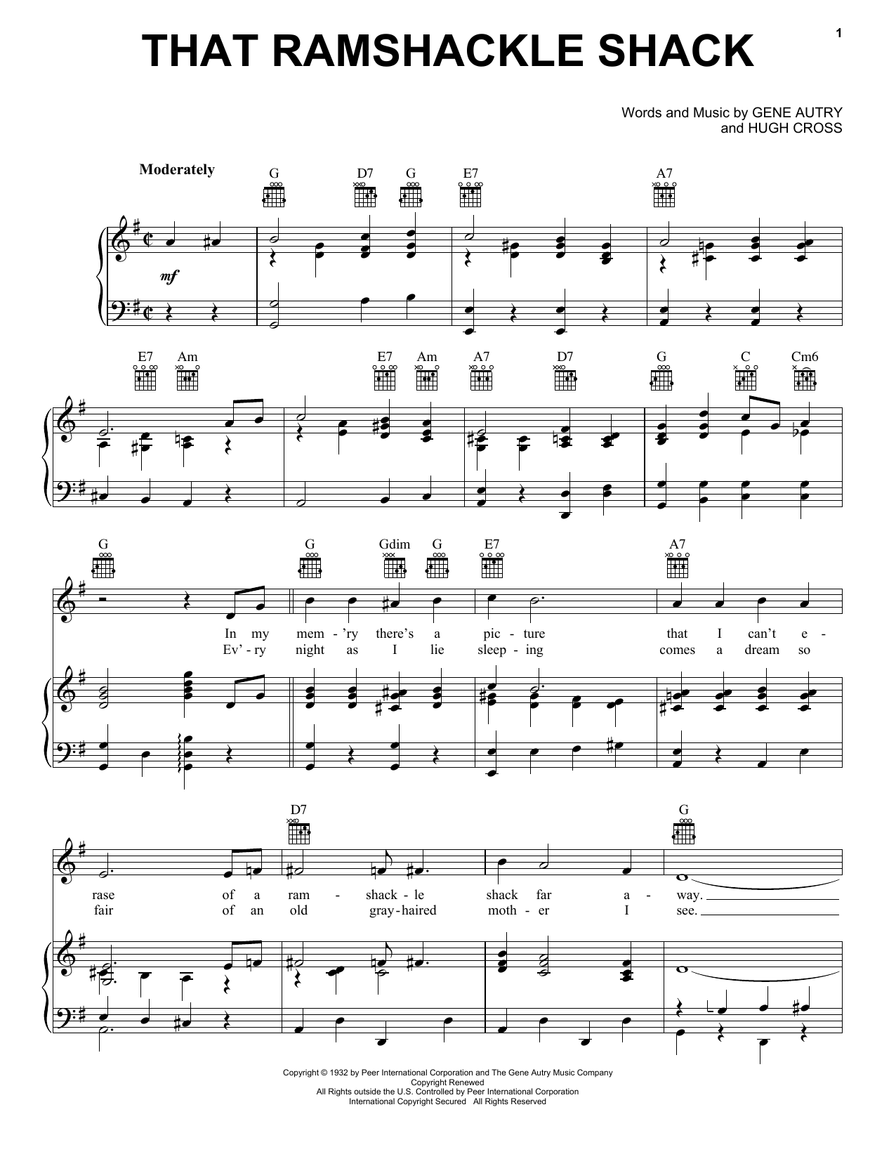 Gene Autry That Ramshackle Shack Sheet Music Notes & Chords for Piano, Vocal & Guitar (Right-Hand Melody) - Download or Print PDF
