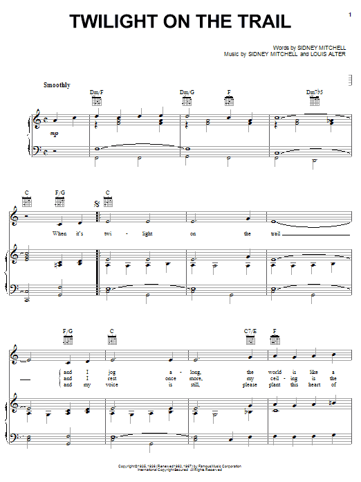 Gene Autry Twilight On The Trail Sheet Music Notes & Chords for Piano, Vocal & Guitar (Right-Hand Melody) - Download or Print PDF