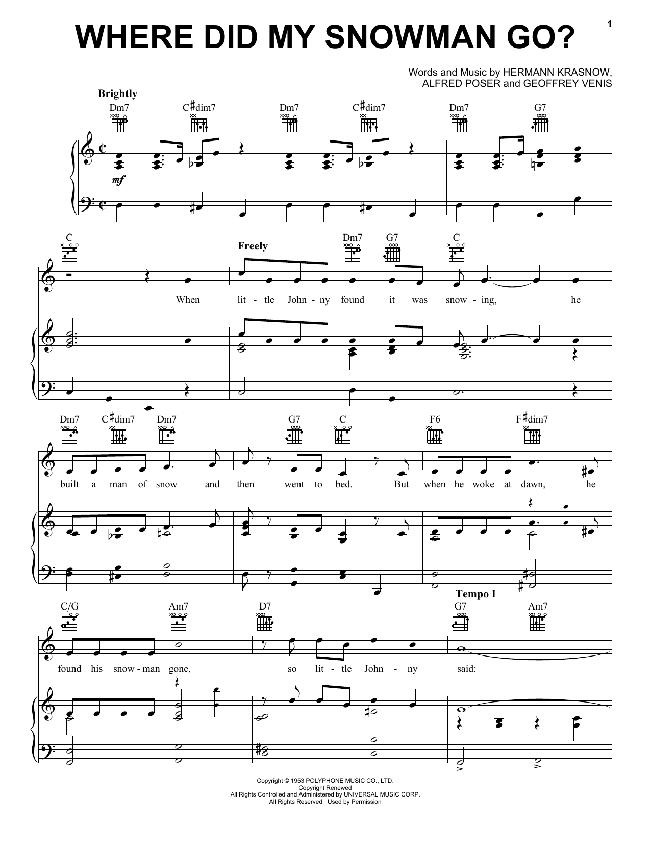 Gene Autry Where Did My Snowman Go? Sheet Music Notes & Chords for Piano, Vocal & Guitar (Right-Hand Melody) - Download or Print PDF