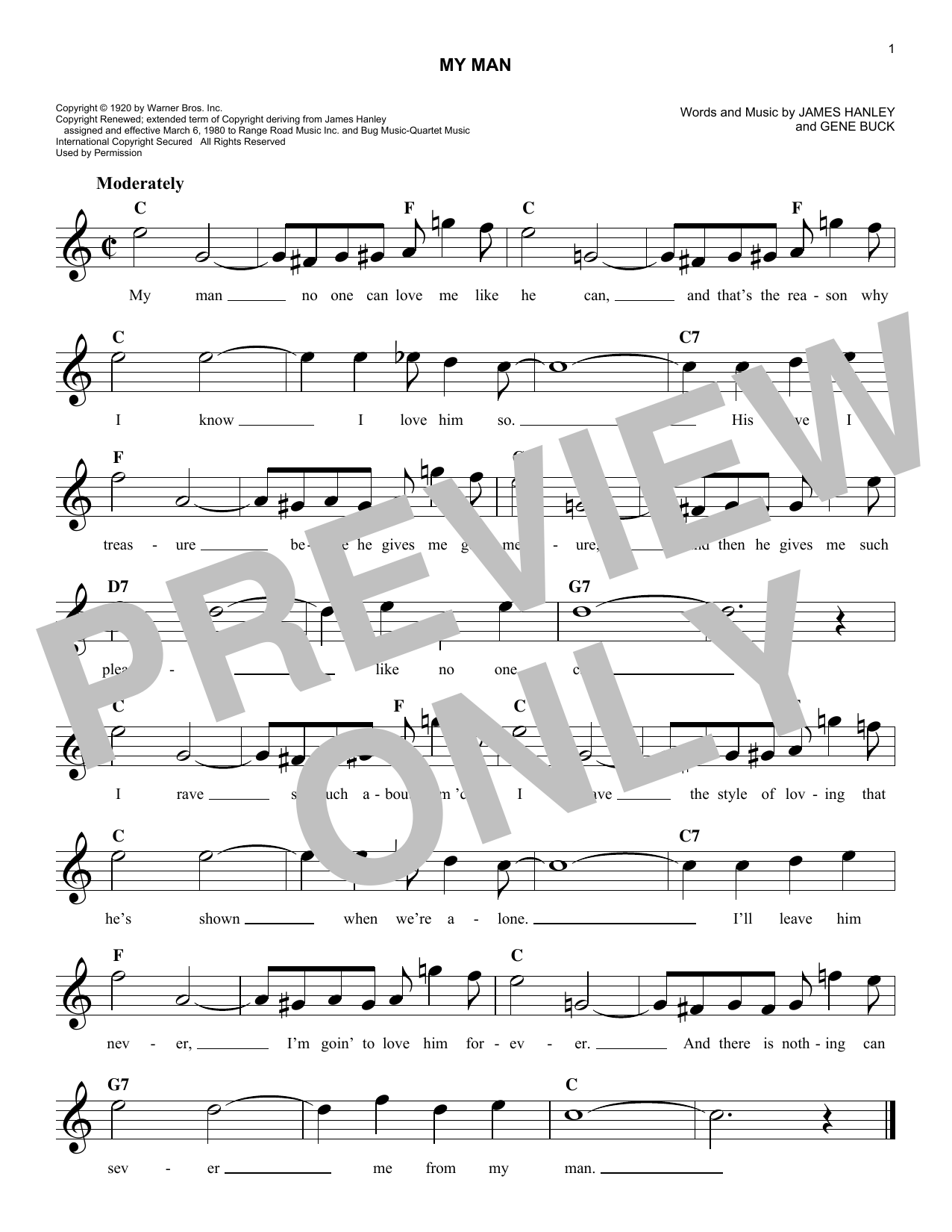 Gene Buck My Man Sheet Music Notes & Chords for Melody Line, Lyrics & Chords - Download or Print PDF