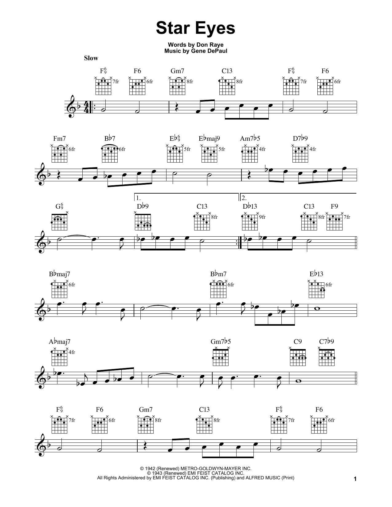 Gene De Paul Star Eyes Sheet Music Notes & Chords for Easy Guitar - Download or Print PDF