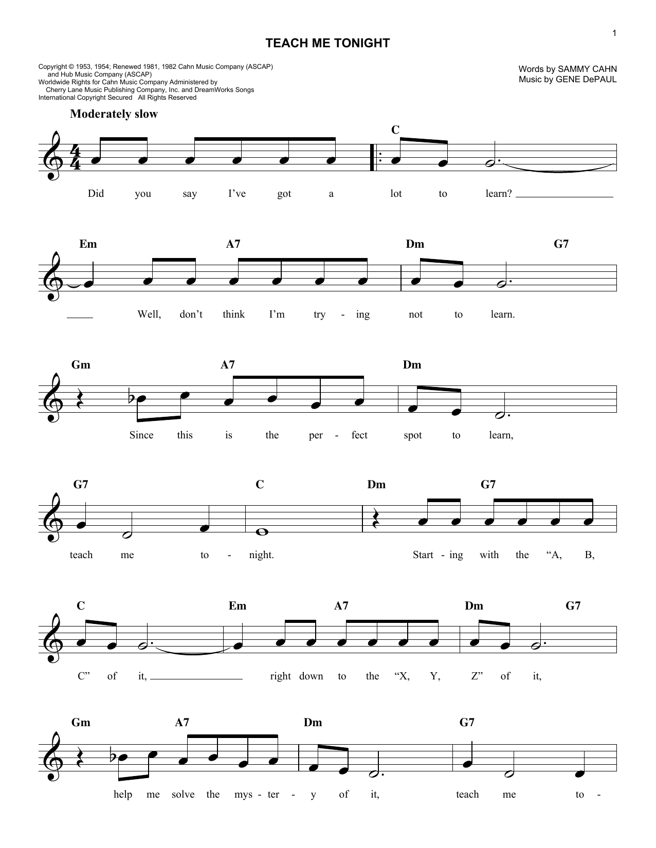 Gene De Paul Teach Me Tonight Sheet Music Notes & Chords for Melody Line, Lyrics & Chords - Download or Print PDF