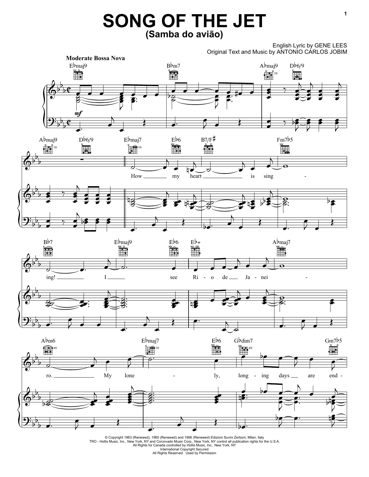 Gene Lees Song Of The Jet (Samba do Aviao) Sheet Music Notes & Chords for Piano, Vocal & Guitar (Right-Hand Melody) - Download or Print PDF