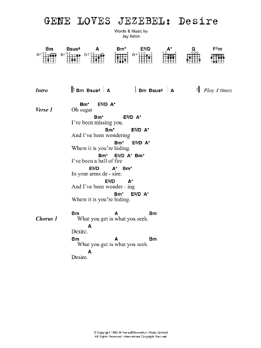 Gene Loves Jezebel Desire Sheet Music Notes & Chords for Lyrics & Chords - Download or Print PDF