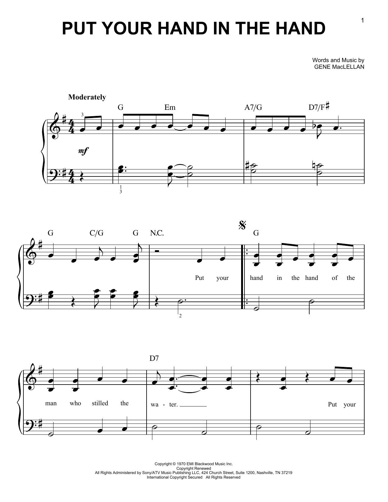 Gene MacLellan Put Your Hand In The Hand Sheet Music Notes & Chords for Easy Piano - Download or Print PDF