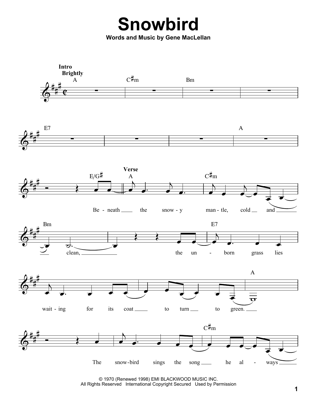 Gene MacLellan Snowbird Sheet Music Notes & Chords for Voice - Download or Print PDF