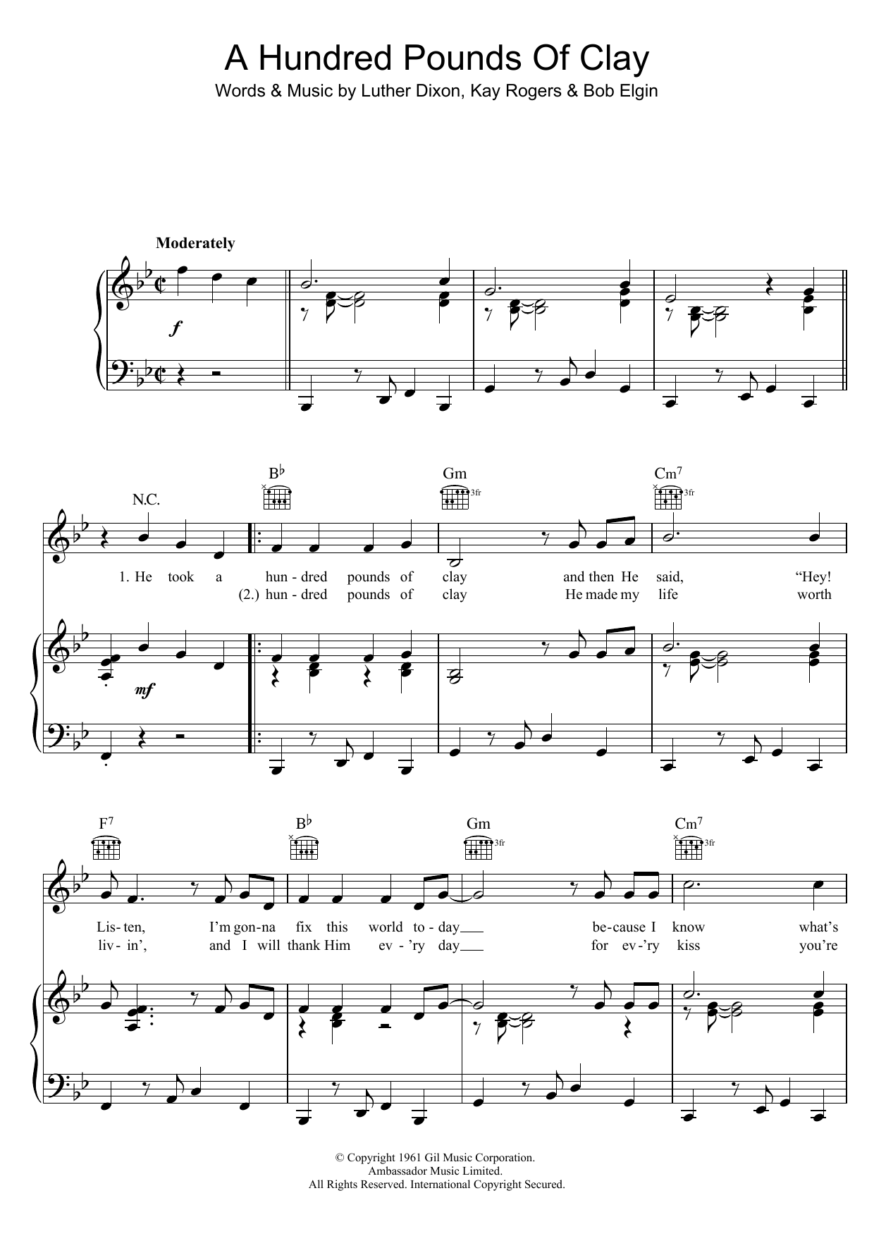Gene McDaniels A Hundred Pounds Of Clay Sheet Music Notes & Chords for Piano, Vocal & Guitar (Right-Hand Melody) - Download or Print PDF