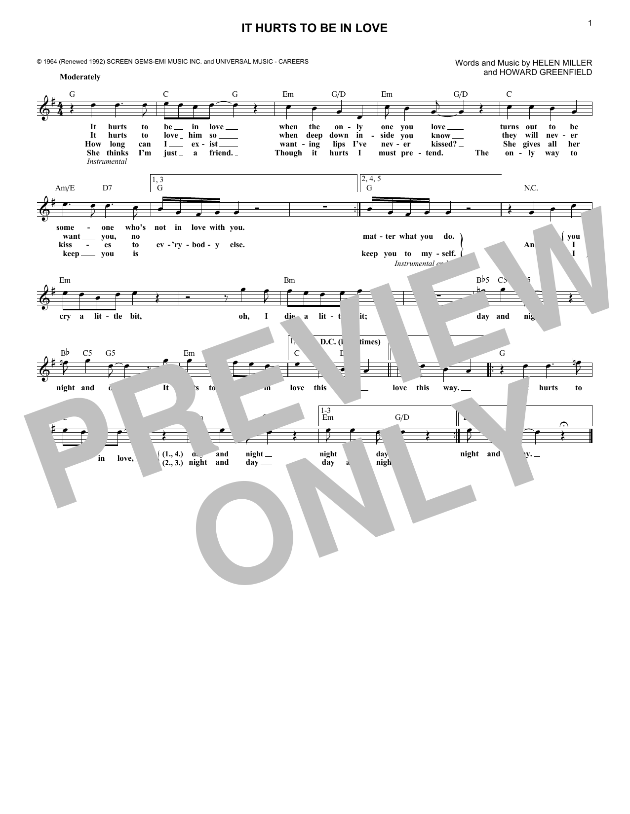 Gene Pitney It Hurts To Be In Love Sheet Music Notes & Chords for Piano, Vocal & Guitar Chords (Right-Hand Melody) - Download or Print PDF