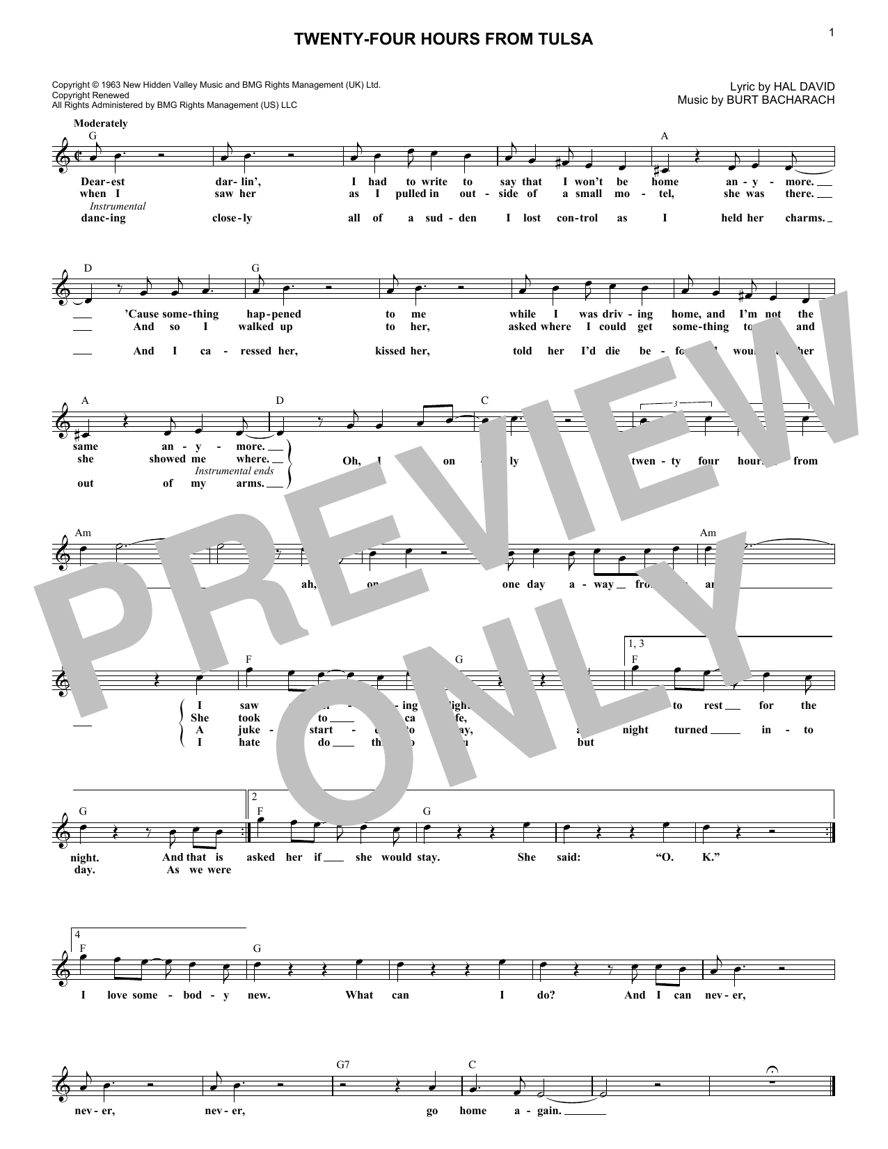 Gene Pitney Twenty-Four Hours From Tulsa Sheet Music Notes & Chords for Lead Sheet / Fake Book - Download or Print PDF