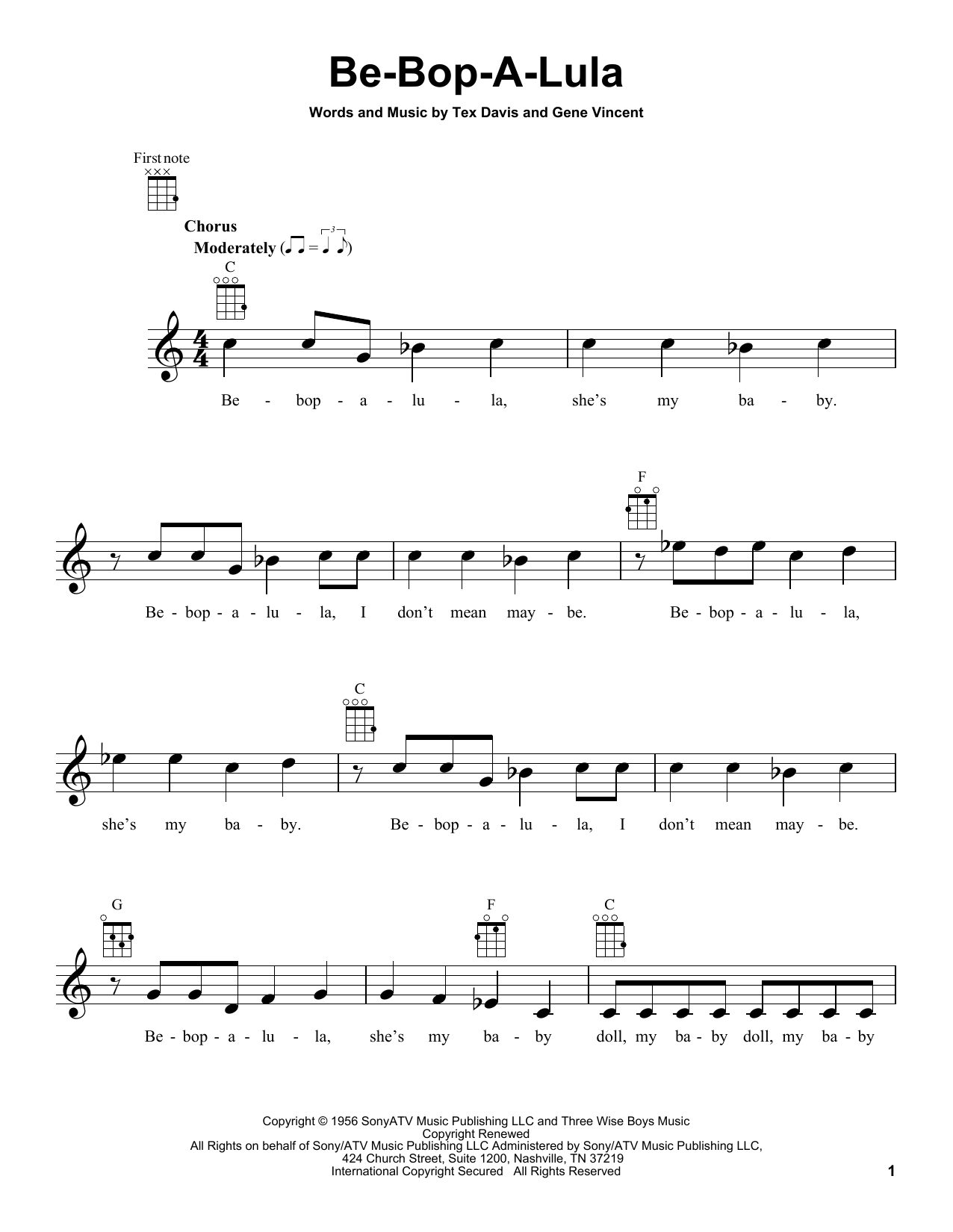 Gene Vincent & Tex Davis Be-Bop-A-Lula Sheet Music Notes & Chords for Ukulele - Download or Print PDF