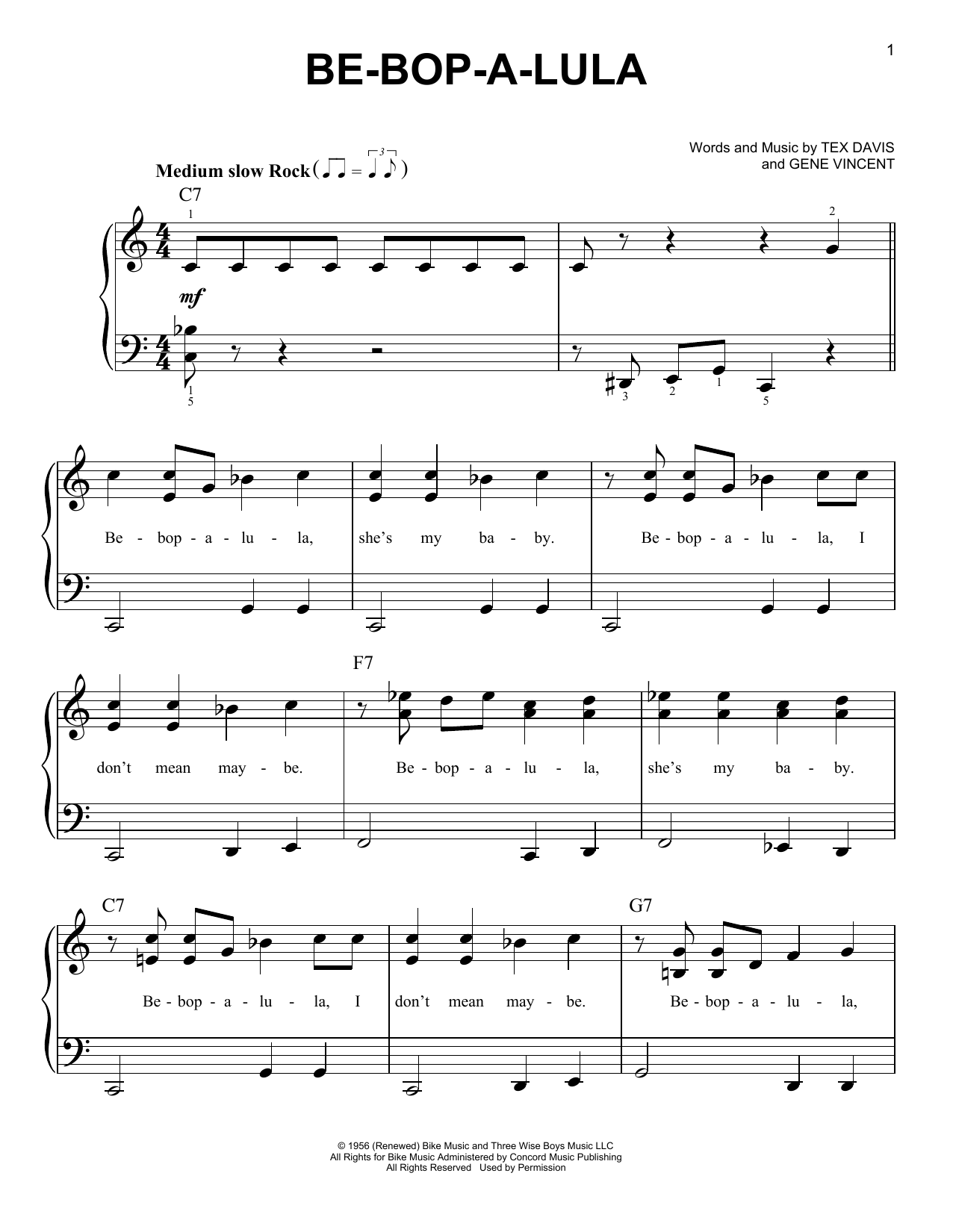 Gene Vincent Be-Bop-A-Lula Sheet Music Notes & Chords for Melody Line, Lyrics & Chords - Download or Print PDF