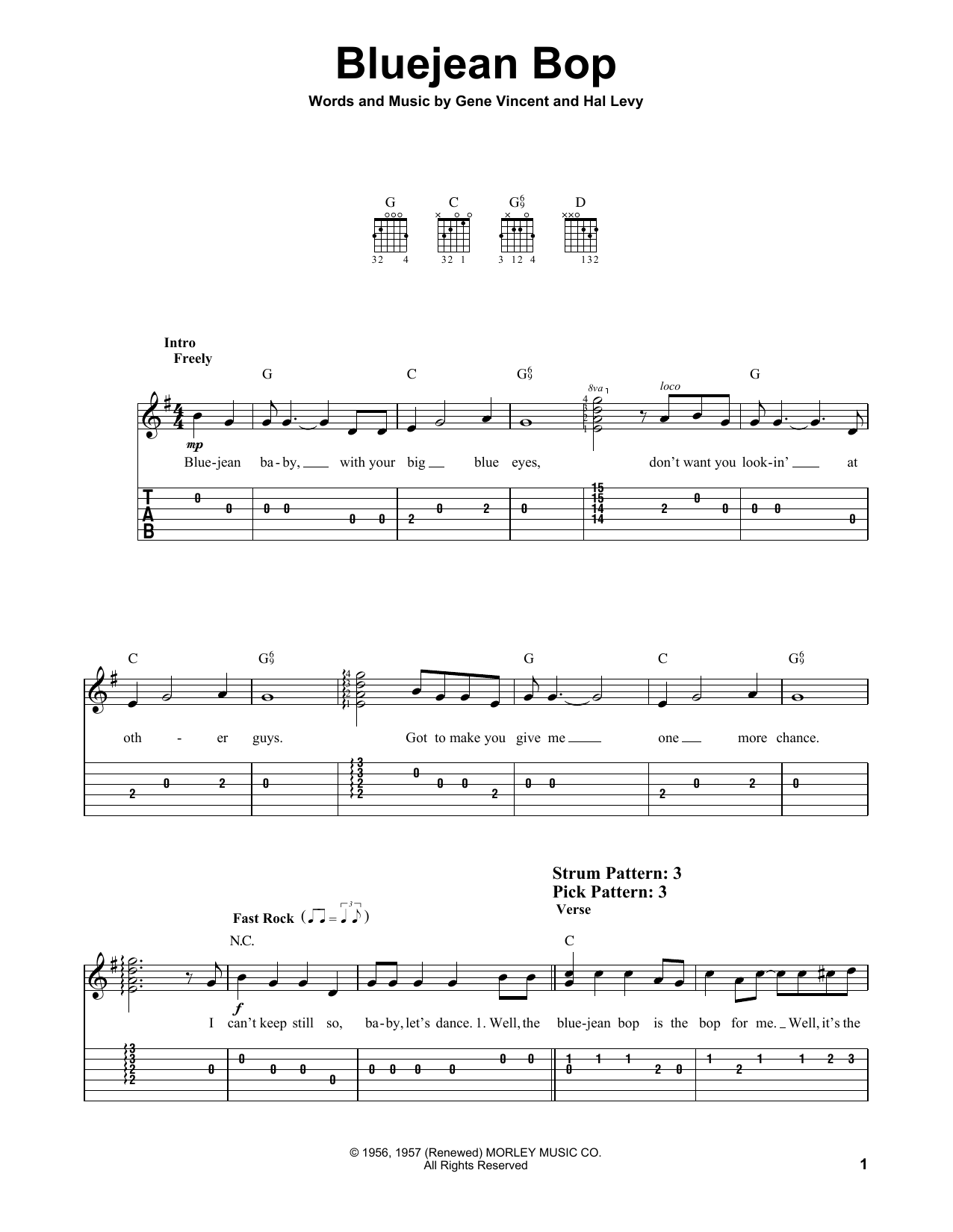 Gene Vincent Bluejean Bop Sheet Music Notes & Chords for Easy Guitar Tab - Download or Print PDF