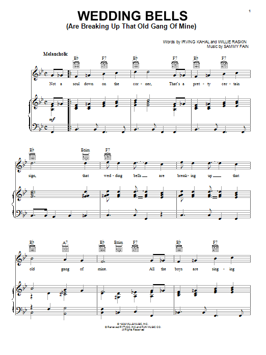 Gene Vincent Wedding Bells (Are Breaking Up That Old Gang Of Mine) Sheet Music Notes & Chords for Piano, Vocal & Guitar (Right-Hand Melody) - Download or Print PDF