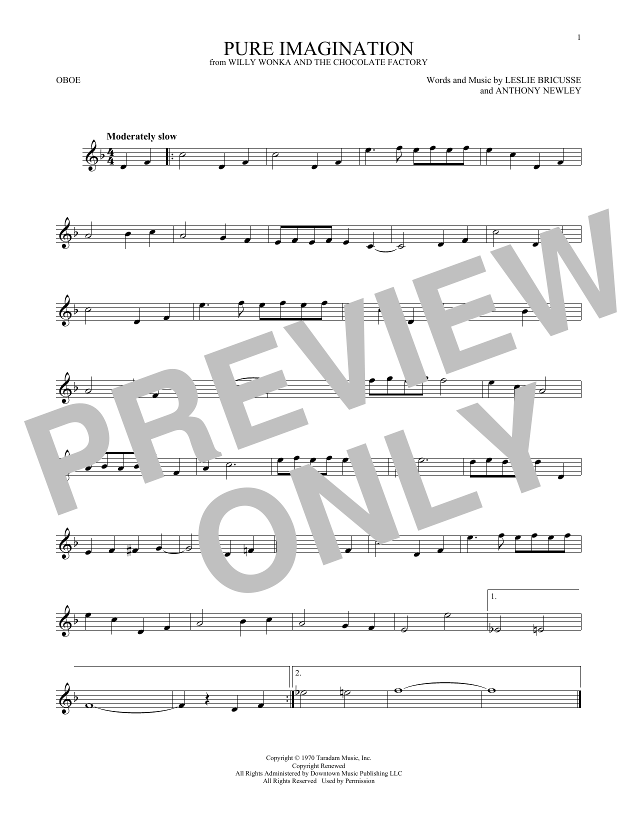 Gene Wilder Pure Imagination (from Willy Wonka & The Chocolate Factory) Sheet Music Notes & Chords for Oboe Solo - Download or Print PDF