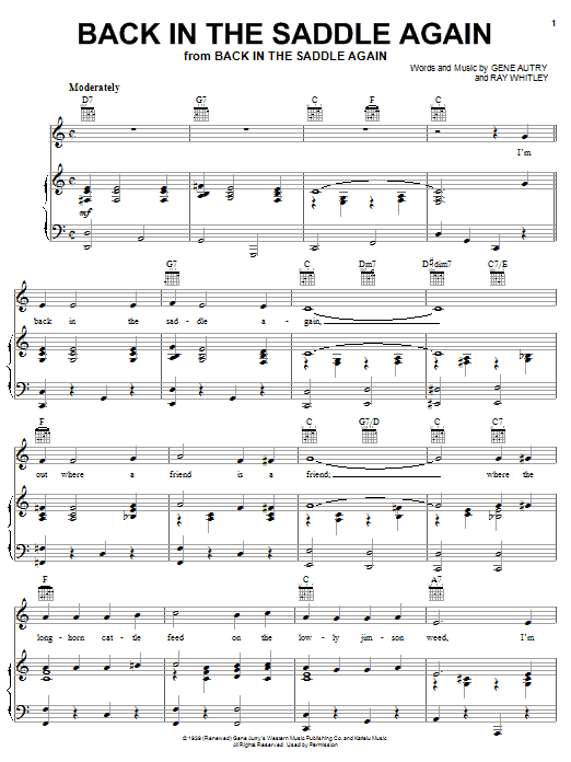 Preview Gene Autry Back In The Saddle Again Country sheet music, notes and chords for Easy Guitar, SKU: 72088 Back In The Saddle Again sheet music