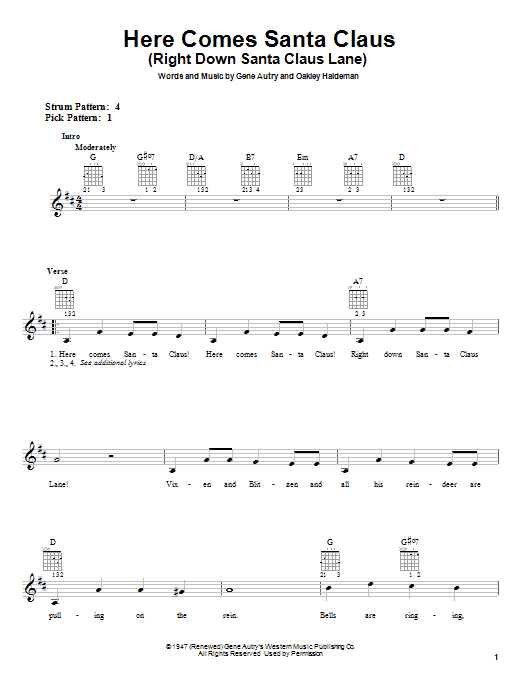 Preview Gene Autry Here Comes Santa Claus (Right Down Santa Claus Lane) Winter sheet music, notes and chords for Easy Piano, SKU: 177445 Here Comes Santa Claus (Right Down Santa Claus Lane) sheet music