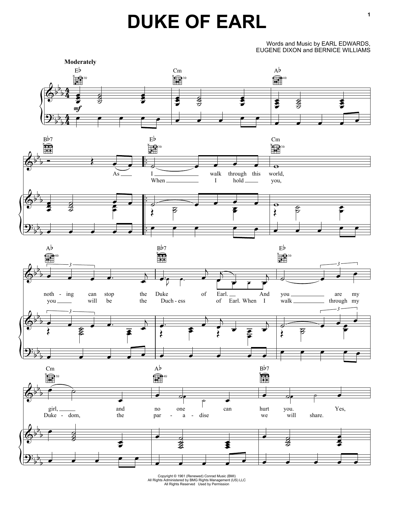 Preview Gene Chandler Duke Of Earl Pop sheet music, notes and chords for Piano, Vocal & Guitar (Right-Hand Melody), SKU: 18253 Duke Of Earl sheet music