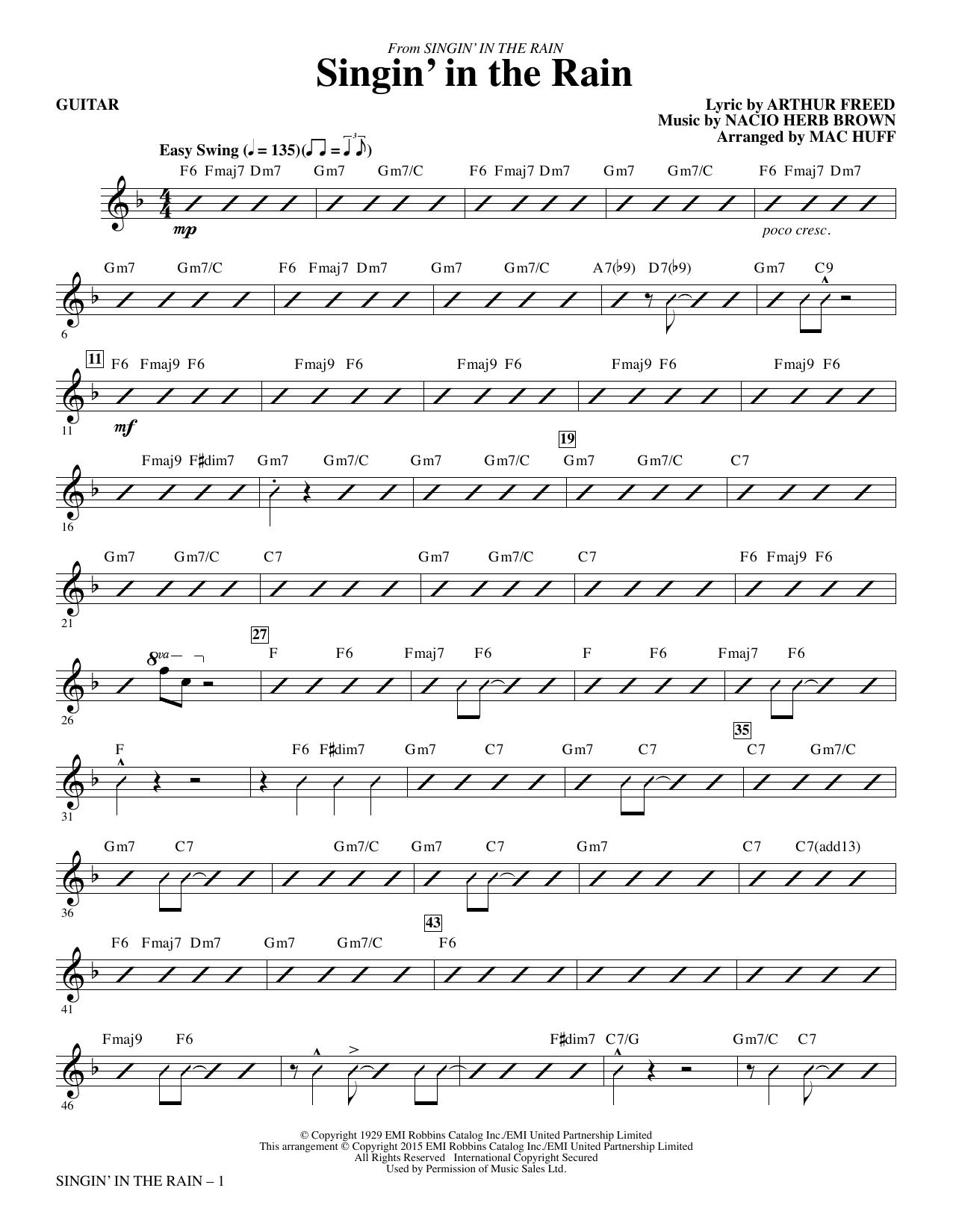 Preview Gene Kelly Singin' in the Rain (arr. Mac Huff) - Guitar Film/TV sheet music, notes and chords for Choral Instrumental Pak, SKU: 340050 Singin' in the Rain (arr. Mac Huff) - Guitar sheet music