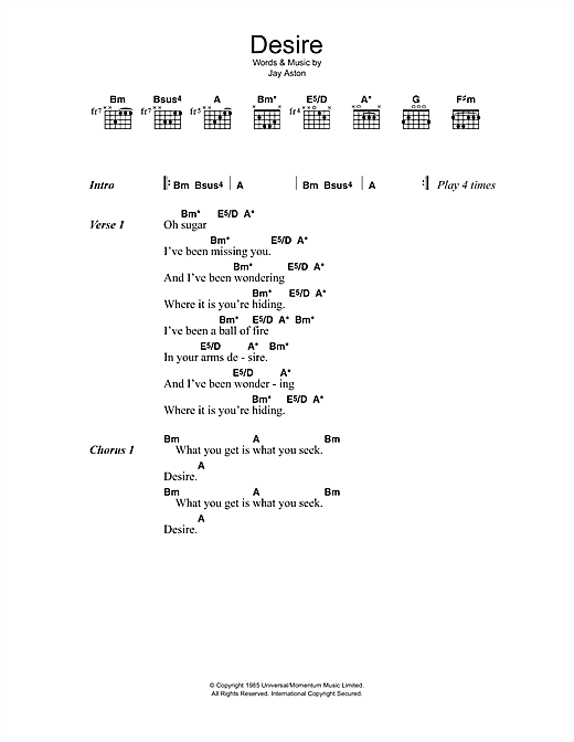 Gene Loves Jezebel Desire Sheet Music Notes & Chords for Lyrics & Chords - Download or Print PDF